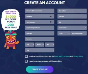 Kahuna Casino Sign Up form